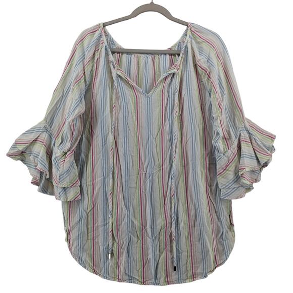 Cable & Gauge Striped Top‎ XL White Draped Keyhole Tie Front Bell Sleeve Hi Low - Picture 1 of 11